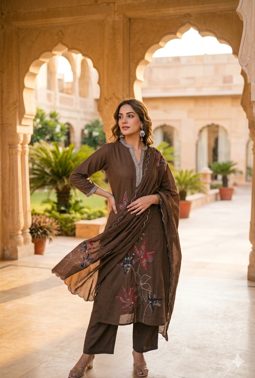Beautiful Cotton A-Line Cut Dress With Appliqué Work - 025