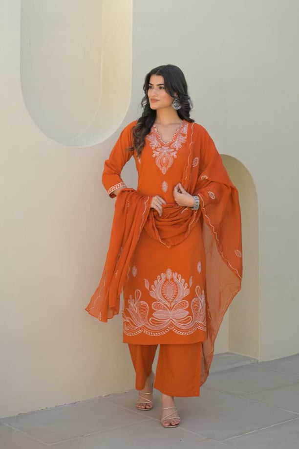 Beautiful Cotton 3 Piece Dress With Embroidery - 023