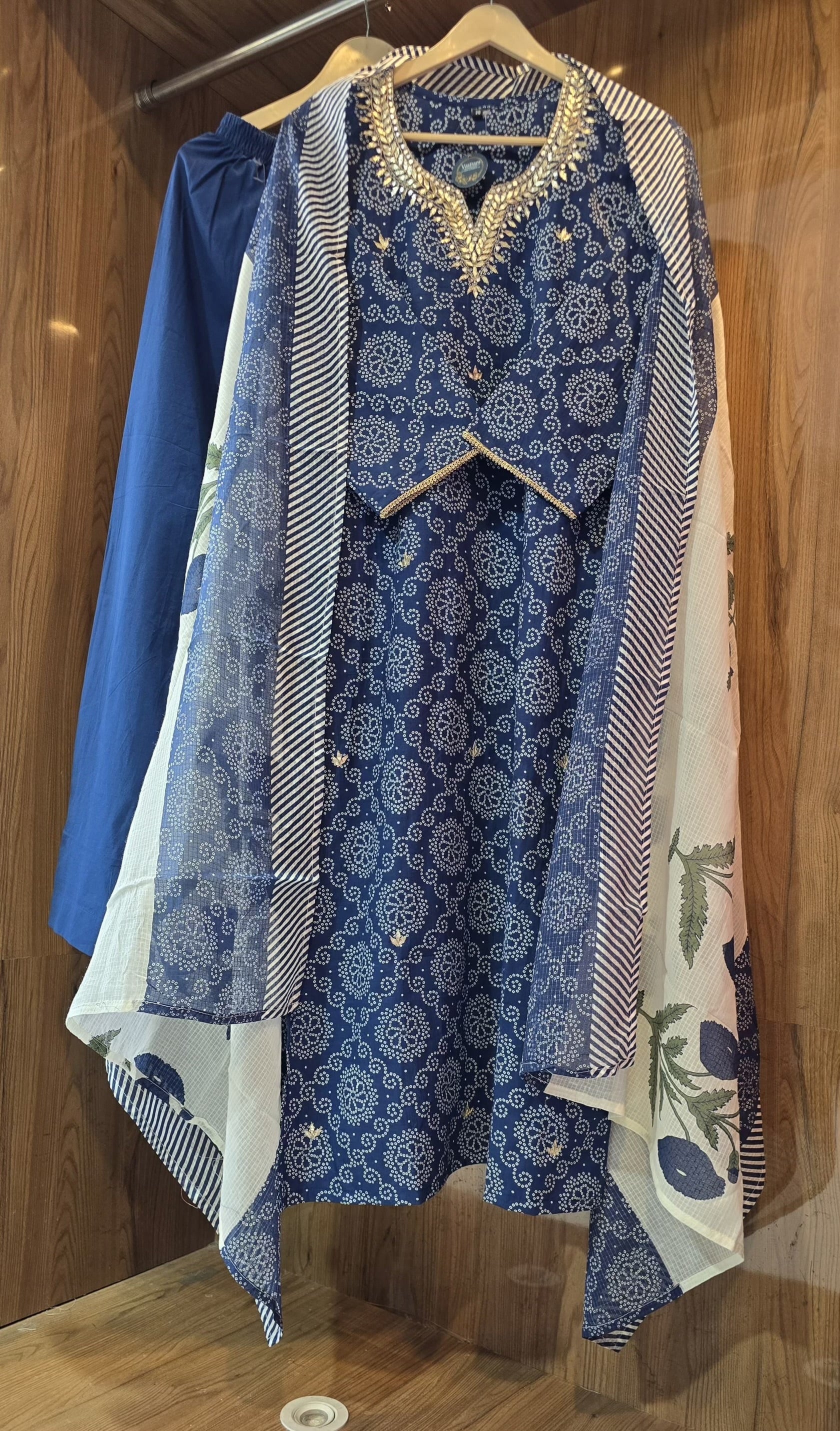 Beautiful Cotton 3 Piece Dress With Neck Gotta Patti - 019
