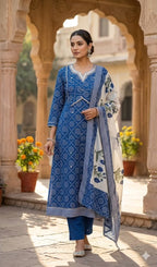 Beautiful Cotton 3 Piece Dress With Neck Gotta Patti - 019
