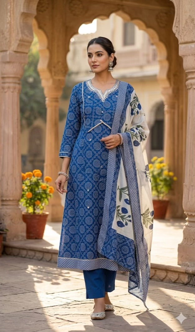 Beautiful Cotton 3 Piece Dress With Neck Gotta Patti - 019