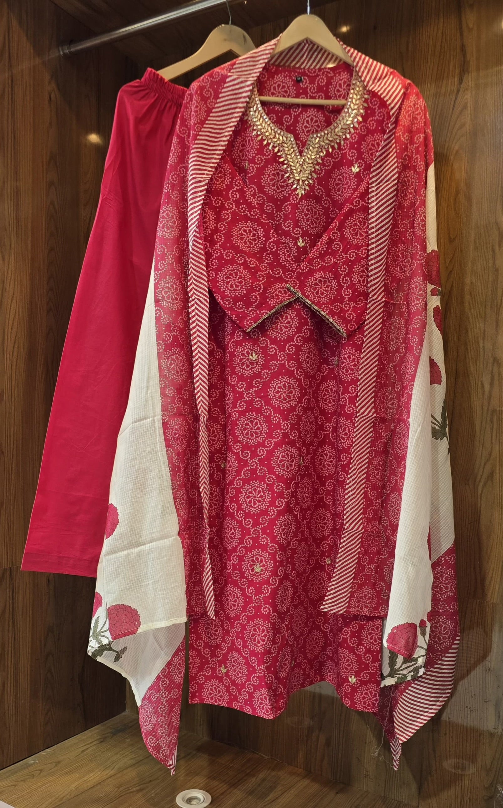 Beautiful Cotton 3 Piece Dress With Neck Gotta Patti - 019