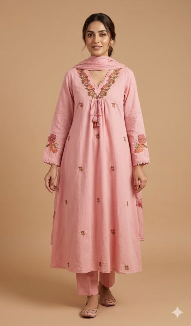 Beautiful Cotton 3 Piece Dress With Embroidery - 021