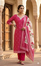 Beautiful Cotton 3 Piece Dress With Neck Gotta Patti - 019