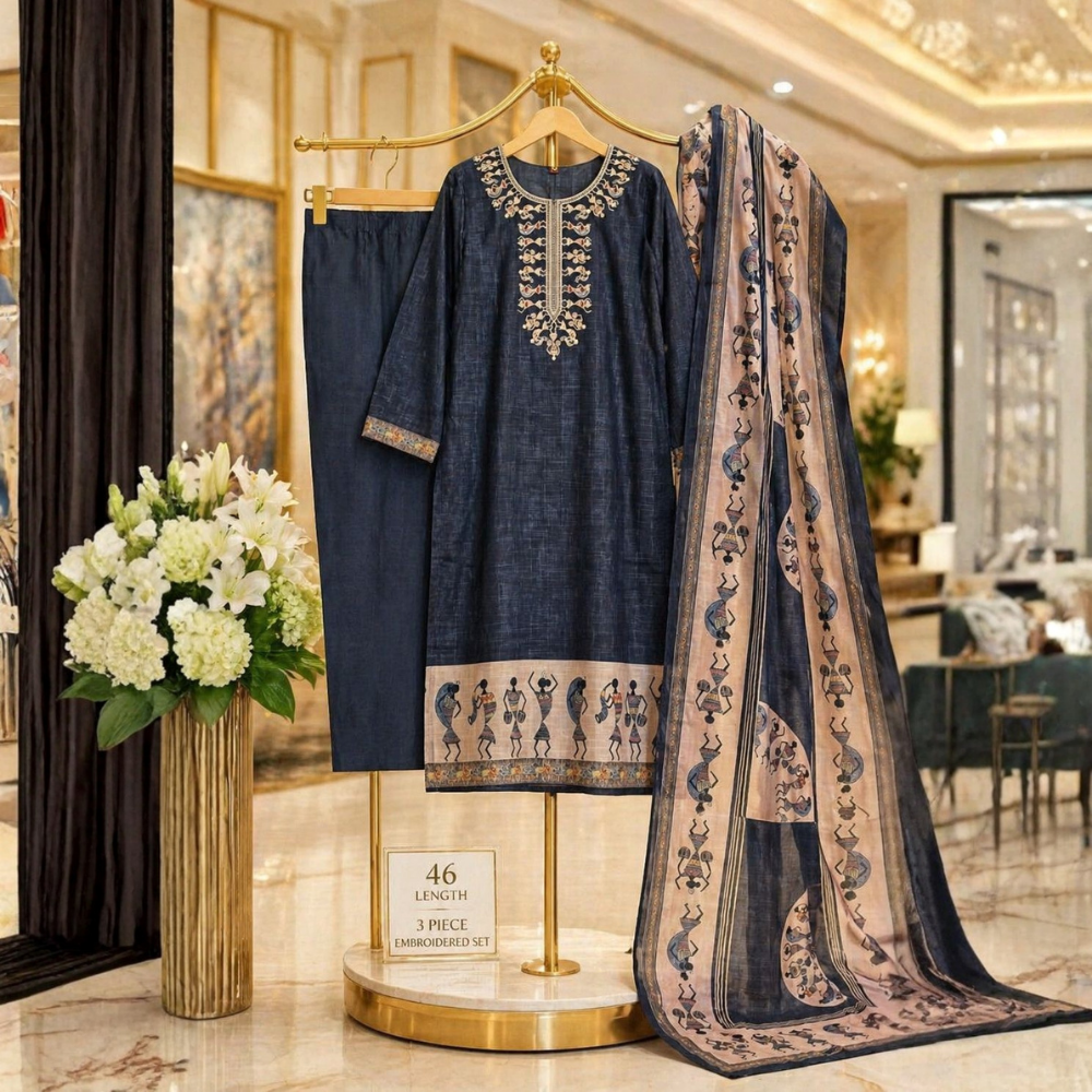 Beautiful Linen 3 Piece Dress With Yoke Embroidary With Cotton Lining With Pant and Duppatta