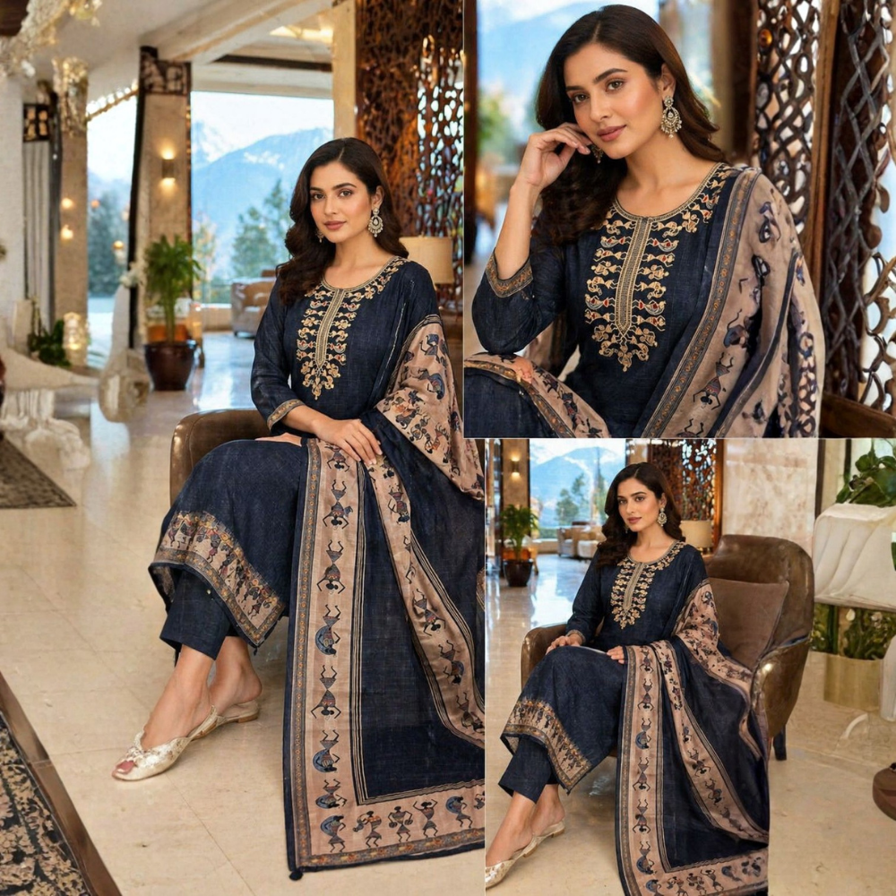 Beautiful Linen 3 Piece Dress With Yoke Embroidary With Cotton Lining With Pant and Duppatta