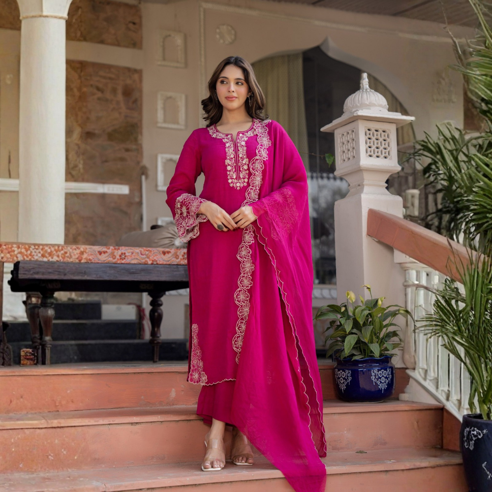 Crush Cotton Embroidered Set – Pink