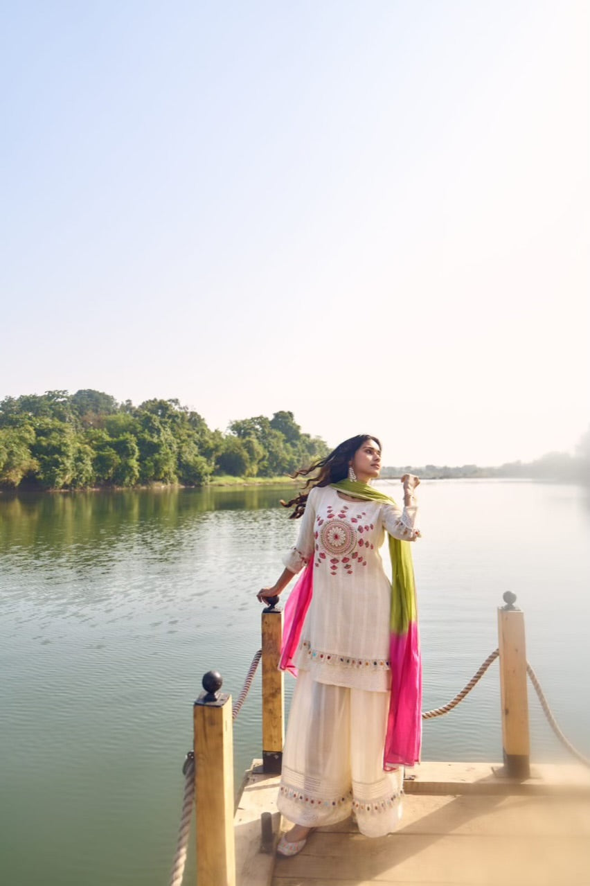 Beautiful Cotton Schiffli 3 Piece Dress With Yoke Embroidery - 018