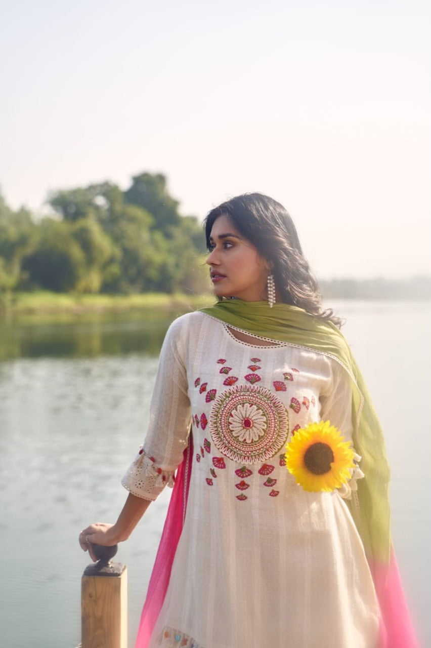 Beautiful Cotton Schiffli 3 Piece Dress With Yoke Embroidery - 018
