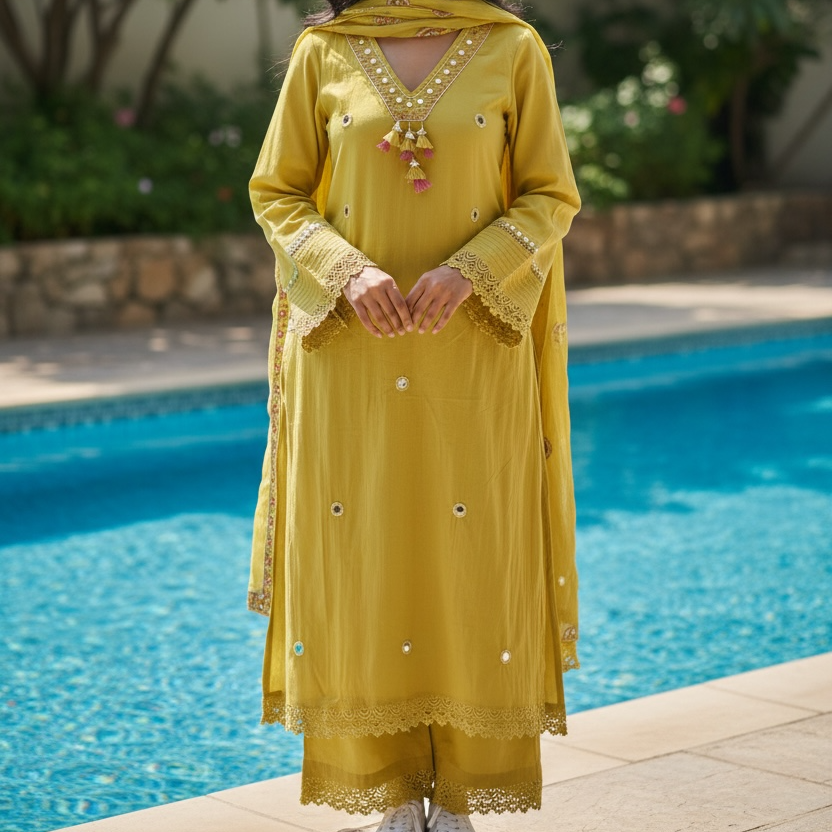 Pure Mul Cotton Yoke Mirror Embroidered Straight Suit Set With Pockets- 005