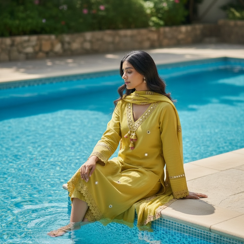 Pure Mul Cotton Yoke Mirror Embroidered Straight Suit Set With Pockets- 005