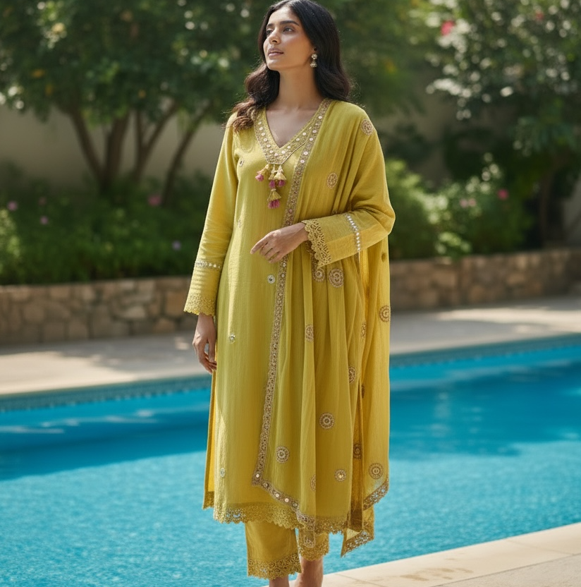 Pure Mul Cotton Yoke Mirror Embroidered Straight Suit Set With Pockets- 005