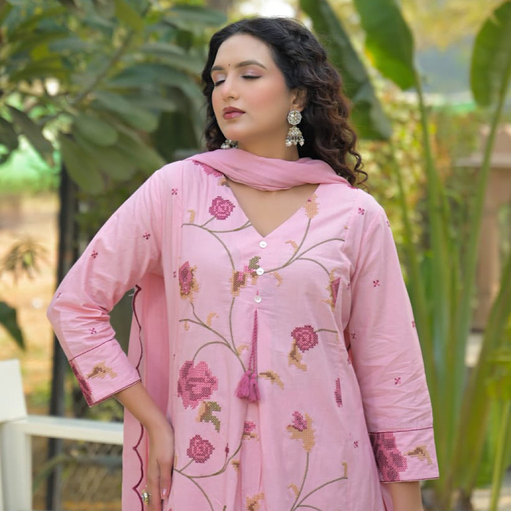 Premium Cotton Embroidered 3 Piece Suit Set- 007