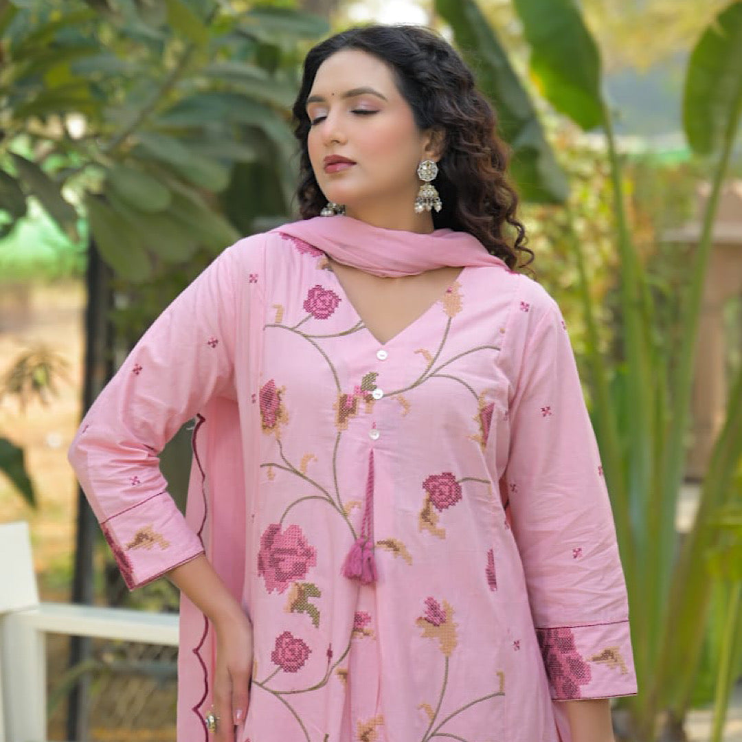 Premium Cotton Embroidered 3 Piece Suit Set- 007