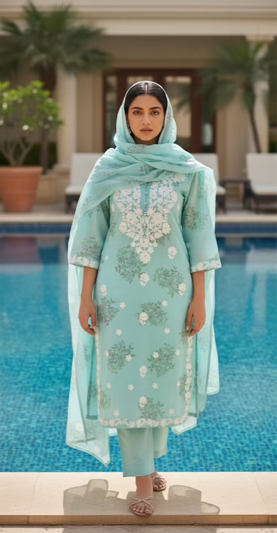 Beautiful 3 Piece Mul Cotton Dress With Lining - 015