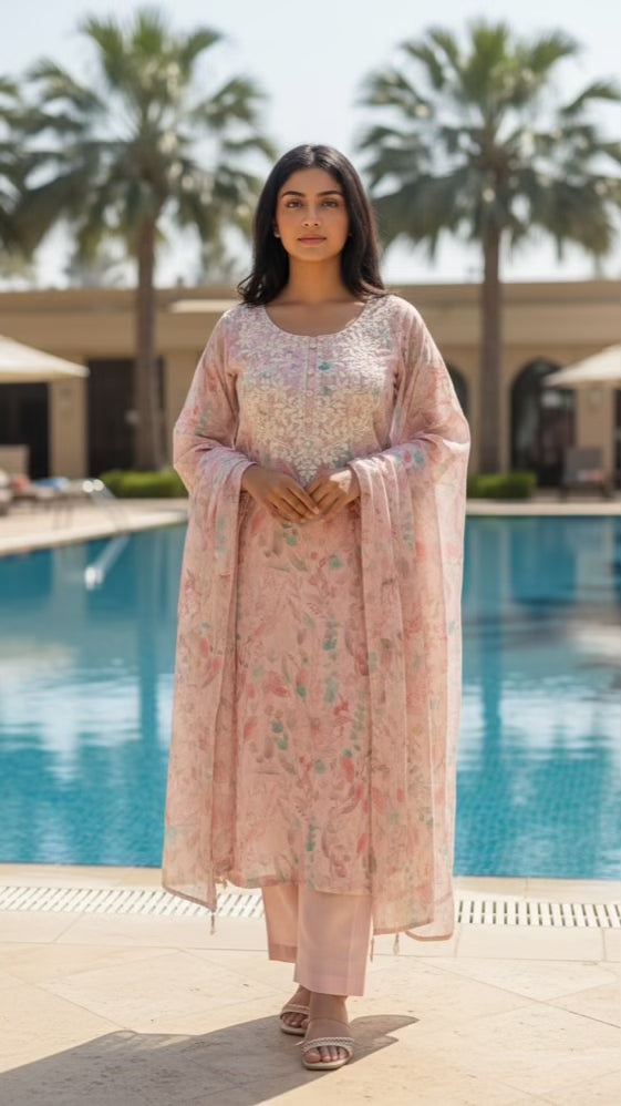 Beautiful 3 Piece Mul Cotton Dress With Lining - 015