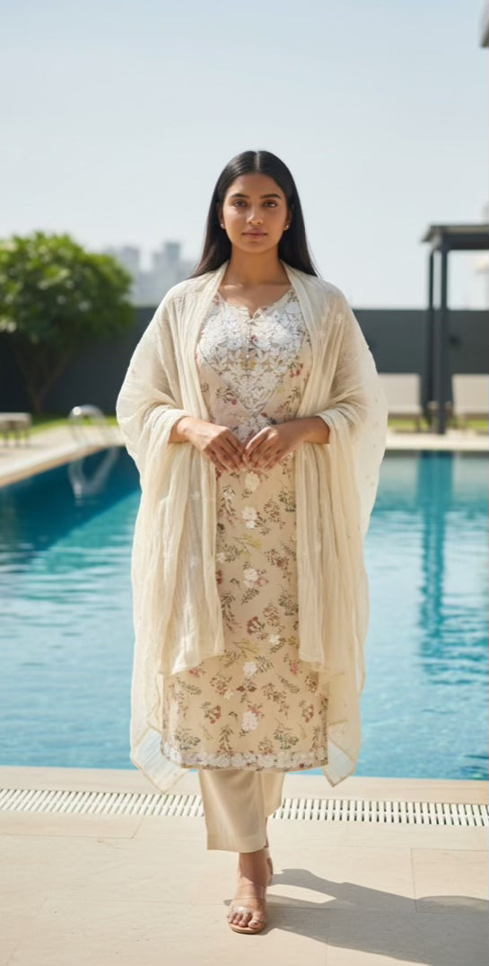 Beautiful 3 Piece Mul Cotton Dress With Lining - 015