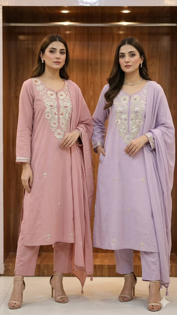 Beautiful 3 Piece Cotton Dress With Gotapatti Work - 011