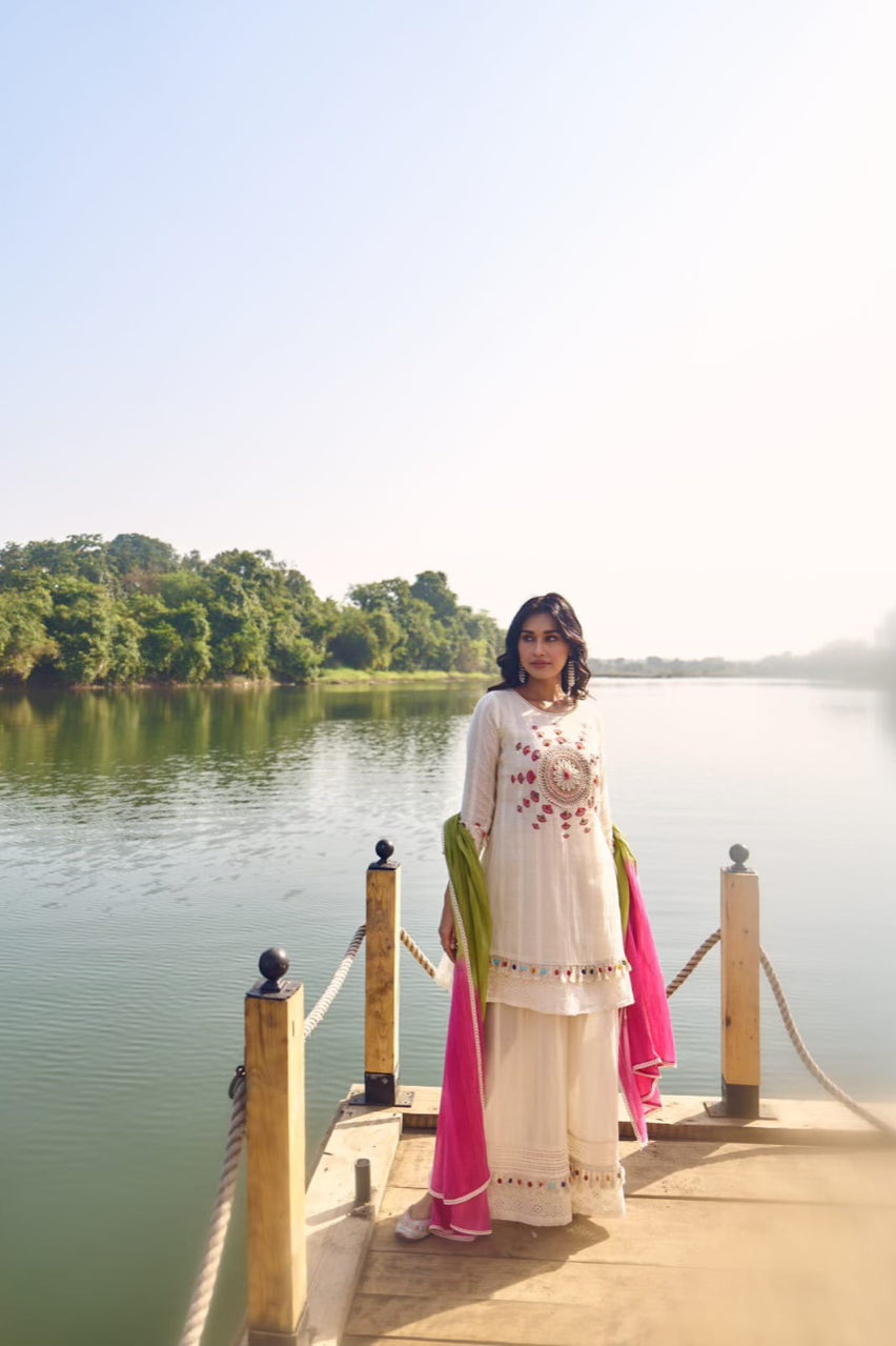 Beautiful Cotton Schiffli 3 Piece Dress With Yoke Embroidery - 018