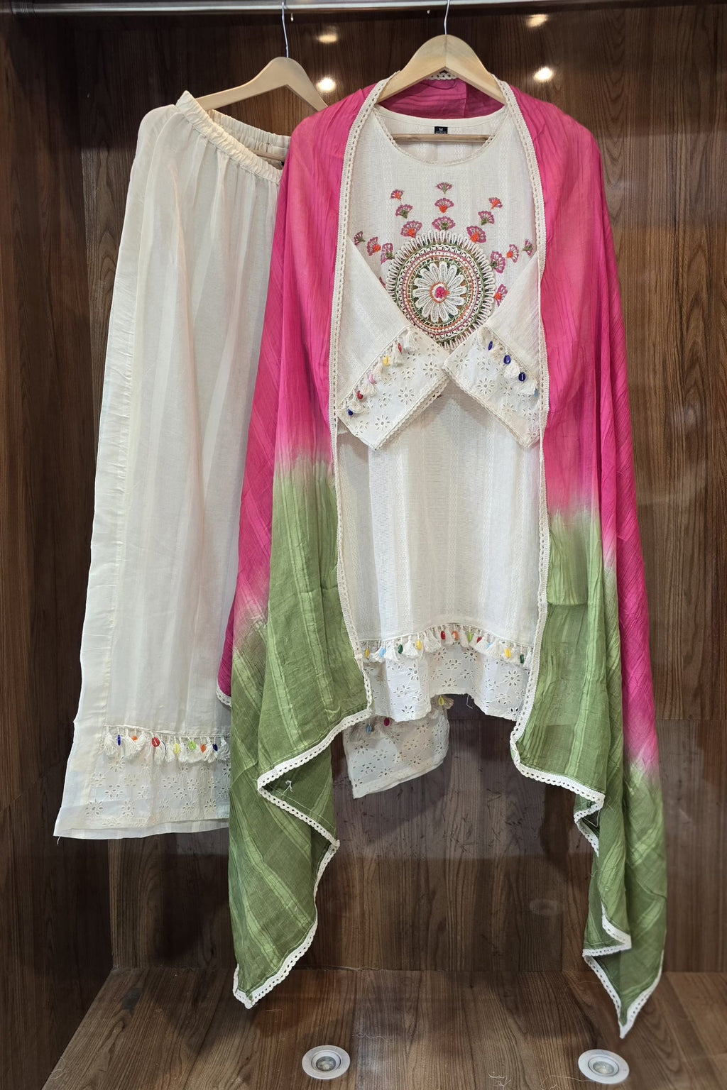 Beautiful Cotton Schiffli 3 Piece Dress With Yoke Embroidery - 018